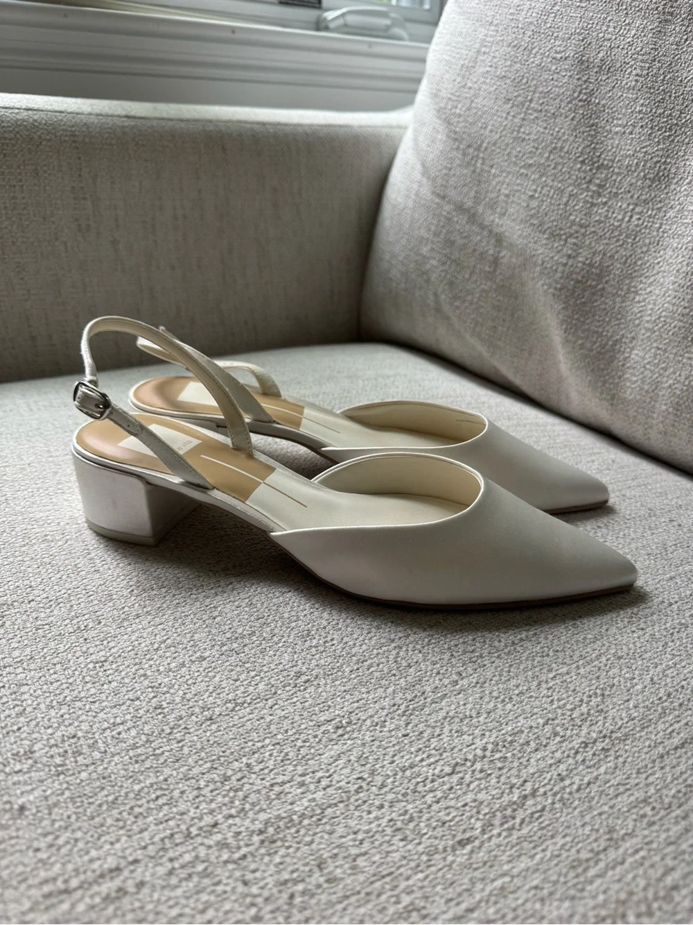 Dolce Vita White Satin Slingback Block Heel Pumps